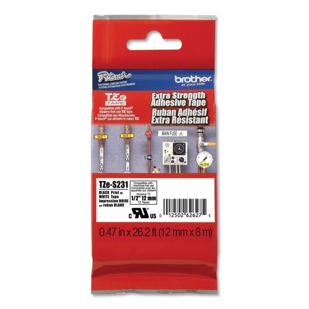Brother TZe Extra-Strength Adhesive Labeling Tape, 0.47x26.2ft, Black on White TZES231